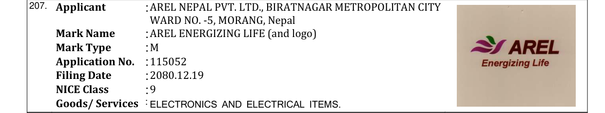 Original bulletin entry for AREL ENERGIZING LIFE (and logo)