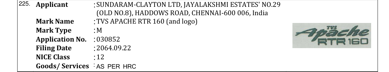Original bulletin entry for TVS APACHE RTR 160 (and logo)
