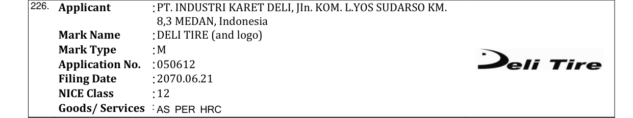 Original bulletin entry for DELI TIRE (and logo)