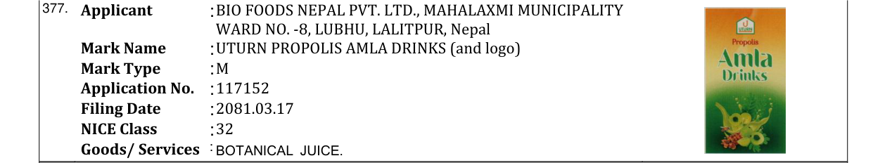 Original bulletin entry for UTURN PROPOLIS AMLA DRINKS (and logo)
