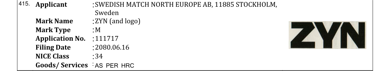 Original bulletin entry for ZYN (and logo)