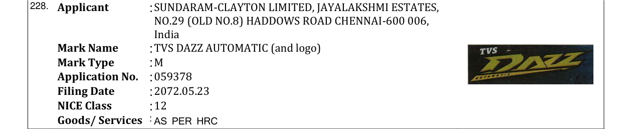 Original bulletin entry for TVS DAZZ AUTOMATIC (and logo)