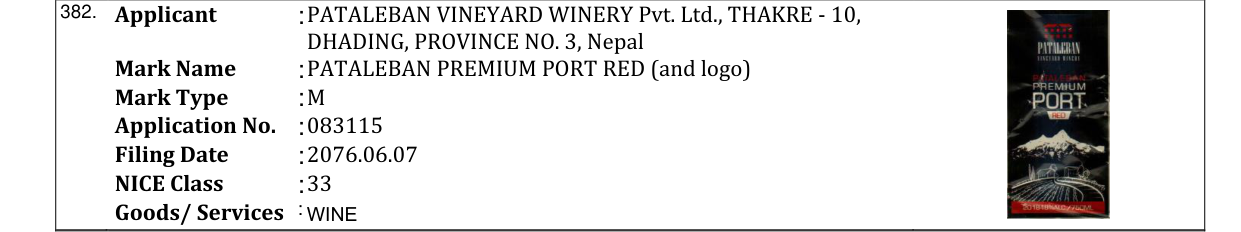 Original bulletin entry for PATALEBAN PREMIUM PORT RED (and logo)