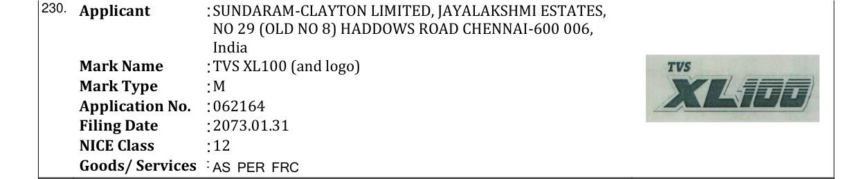 Original bulletin entry for TVS XL100 (and logo)