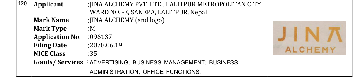 Original bulletin entry for JINA ALCHEMY (and logo)