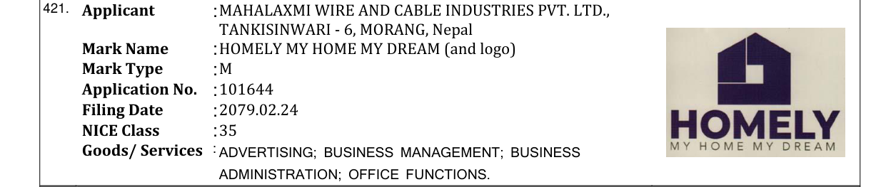 Original bulletin entry for HOMELY MY HOME MY DREAM (and logo)