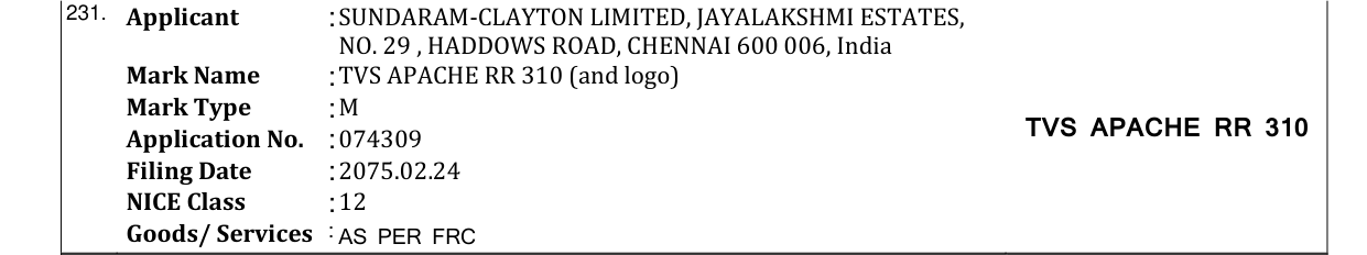 Original bulletin entry for TVS APACHE RR 310 (and logo)