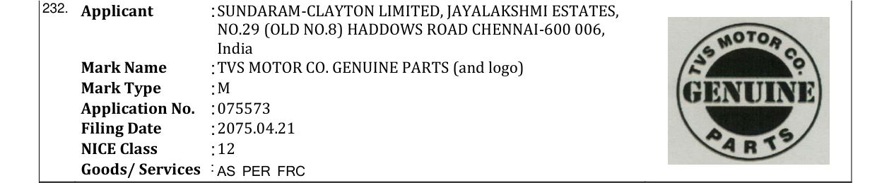 Original bulletin entry for TVS MOTOR CO. GENUINE PARTS (and logo)