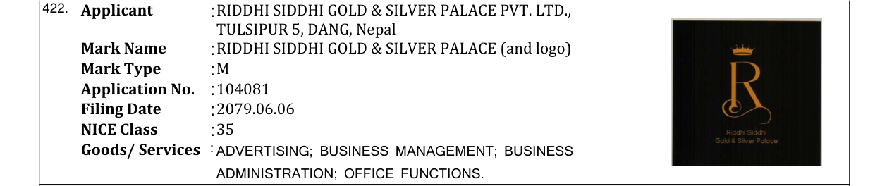 Original bulletin entry for RIDDHI SIDDHI GOLD & SILVER PALACE (and logo)