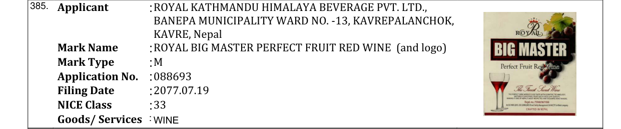 Original bulletin entry for ROYAL BIG MASTER PERFECT FRUIT RED WINE (and logo)