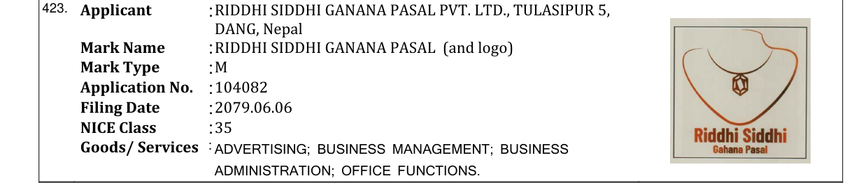 Original bulletin entry for RIDDHI SIDDHI GANANA PASAL (and logo)