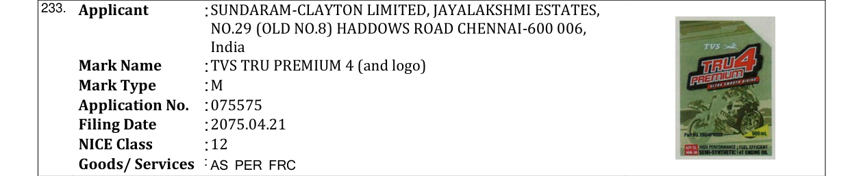Original bulletin entry for TVS TRU PREMIUM 4 (and logo)