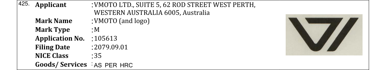 Original bulletin entry for V Stripe (and Logo)