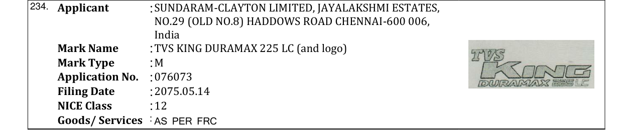 Original bulletin entry for TVS KING DURAMAX 225 LC (and logo)