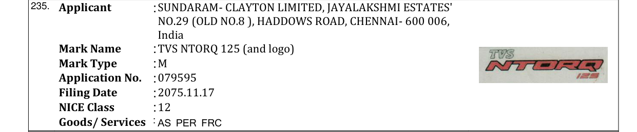 Original bulletin entry for TVS NTORQ 125 (and logo)