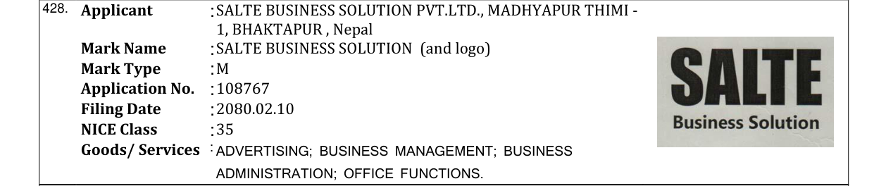 Original bulletin entry for SALTE BUSINESS SOLUTION (and logo)