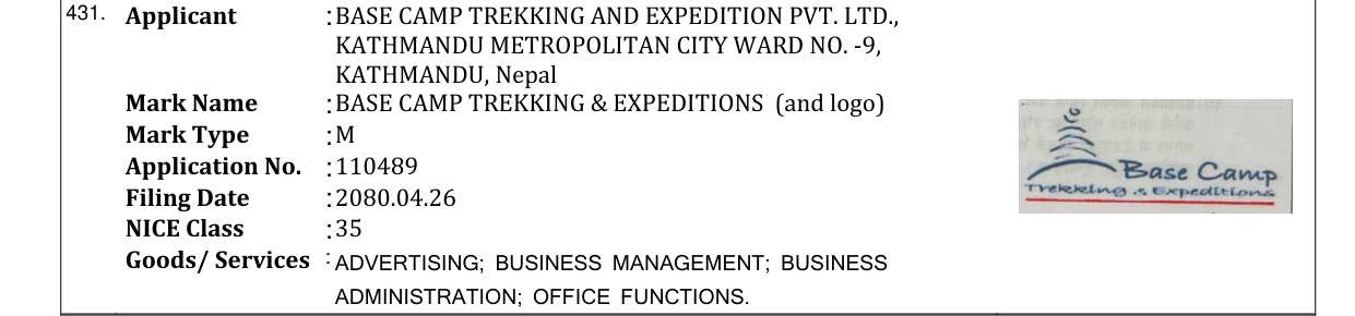 Original bulletin entry for BASE CAMP TREKKING & EXPEDITIONS (and logo)