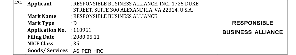 Original bulletin entry for RESPONSIBLE BUSINESS ALLIANCE