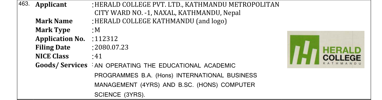 Original bulletin entry for HERALD COLLEGE KATHMANDU (and logo)