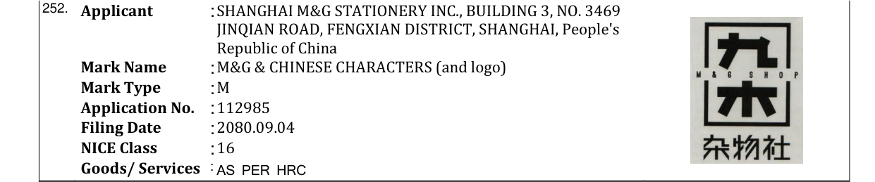 Original bulletin entry for M&G & CHINESE CHARACTERS (and logo)