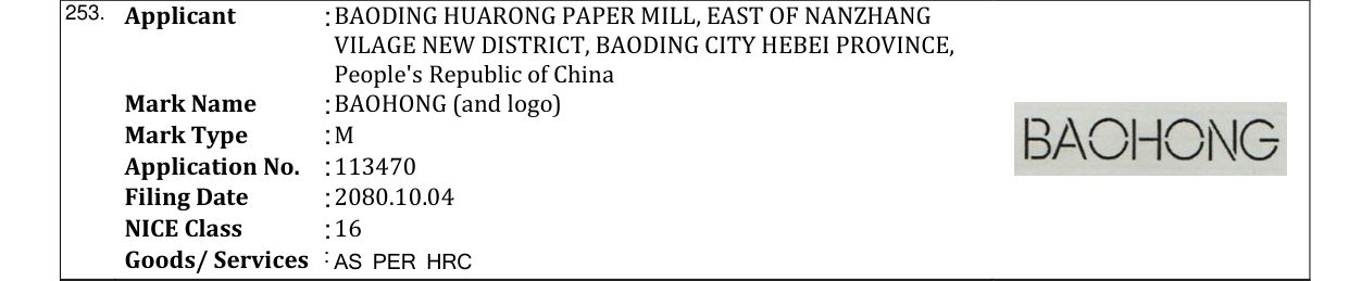 Original bulletin entry for BAOHONG (and logo)