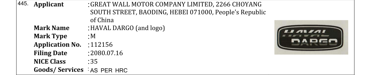Original bulletin entry for HAVAL DARGO (and logo)