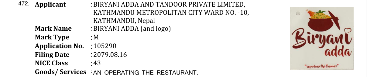 Original bulletin entry for BIRYANI ADDA (and logo)
