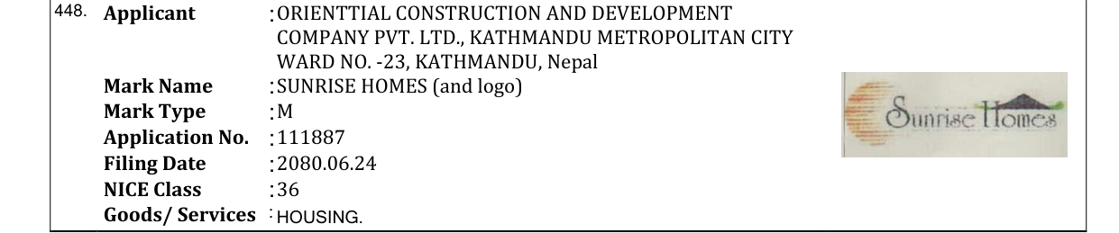 Original bulletin entry for SUNRISE HOMES (and logo)