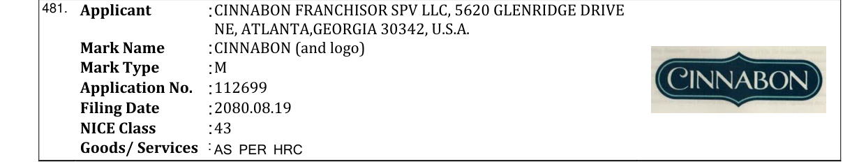 Original bulletin entry for CINNABON (and logo)
