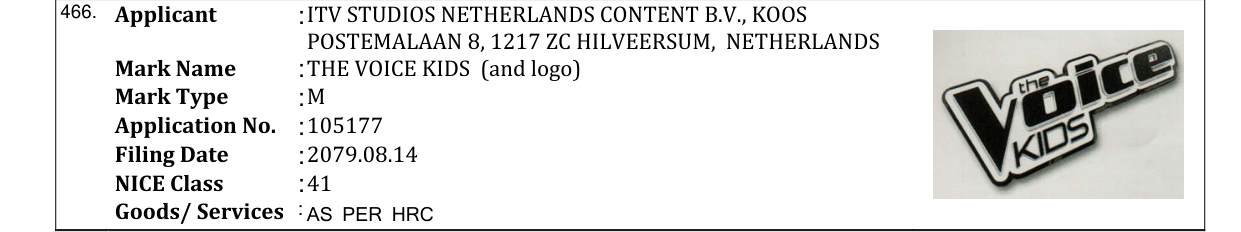 Original bulletin entry for THE VOICE KIDS (and logo)