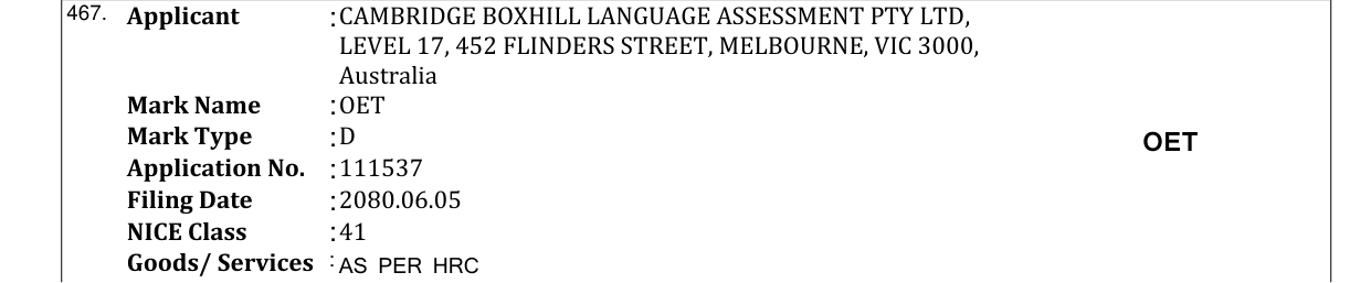 Original bulletin entry for OET