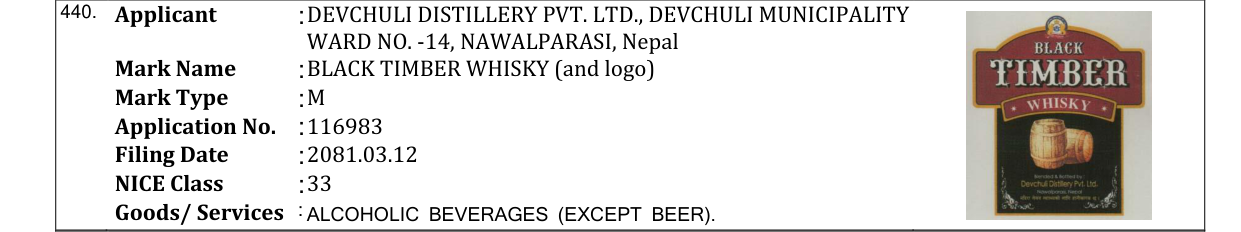 Original bulletin entry for BLACK TIMBER WHISKY (and logo)