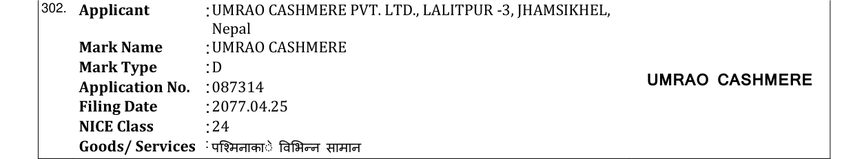 Original bulletin entry for UMRAO CASHMERE