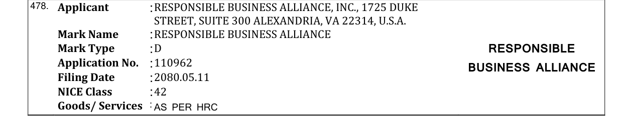 Original bulletin entry for RESPONSIBLE BUSINESS ALLIANCE