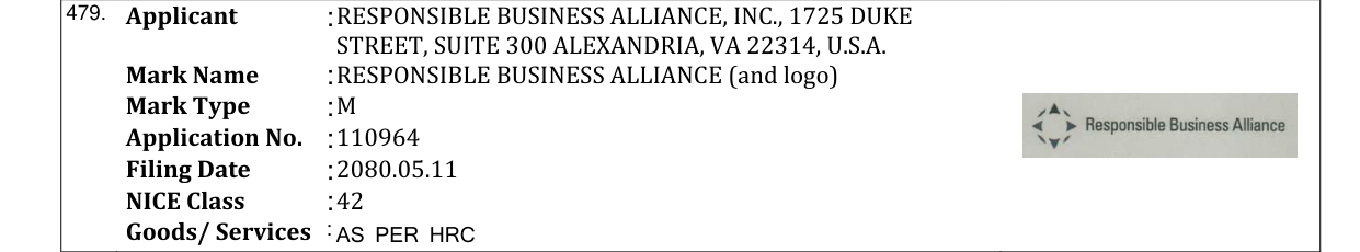 Original bulletin entry for RESPONSIBLE BUSINESS ALLIANCE (and logo)
