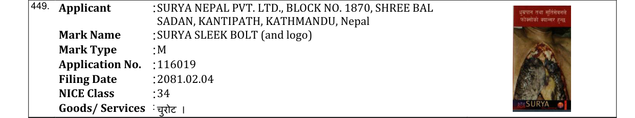 Original bulletin entry for SURYA SLEEK BOLT (and logo)