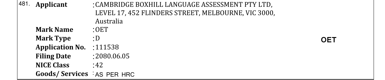 Original bulletin entry for OET