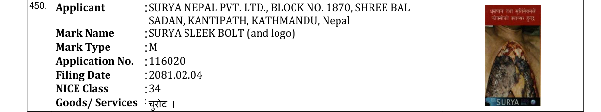 Original bulletin entry for SURYA SLEEK BOLT (and logo)