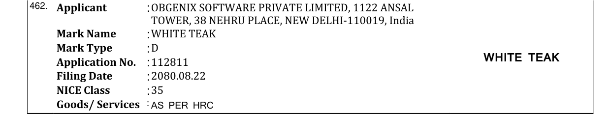 Original bulletin entry for WHITE TEAK