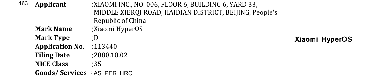Original bulletin entry for Xiaomi HyperOS