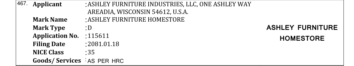 Original bulletin entry for ASHLEY FURNITURE HOMESTORE