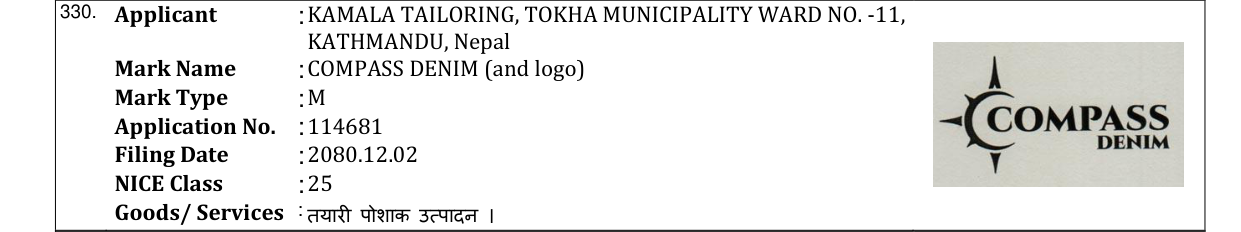 Original bulletin entry for COMPASS DENIM (and logo)