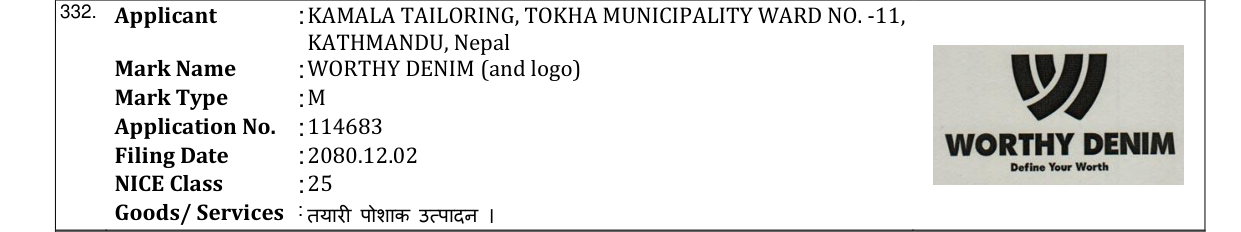 Original bulletin entry for WORTHY DENIM (and logo)