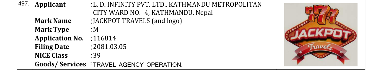 Original bulletin entry for JACKPOT TRAVELS (and logo)
