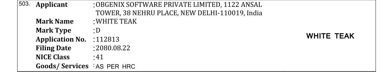 Original bulletin entry for WHITE TEAK