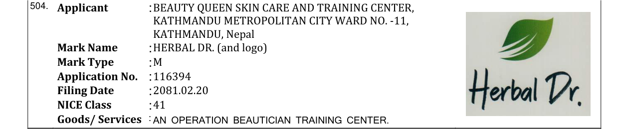 Original bulletin entry for HERBAL DR. (and logo)