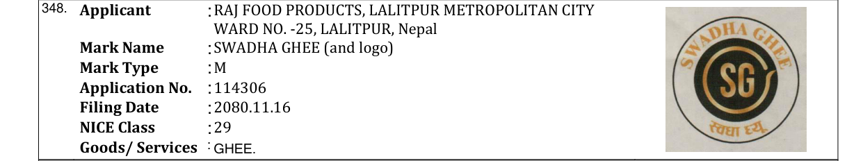 Original bulletin entry for SWADHA GHEE (and logo)