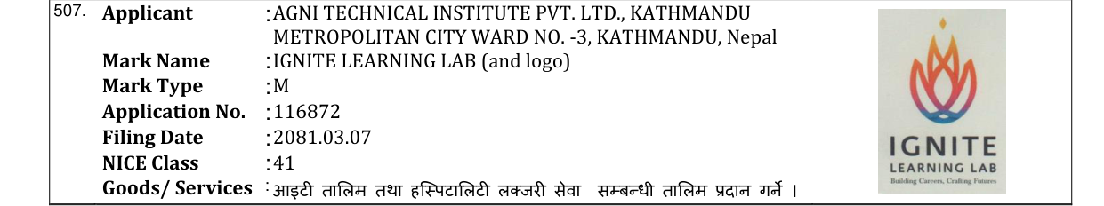 Original bulletin entry for IGNITE LEARNING LAB (and logo)