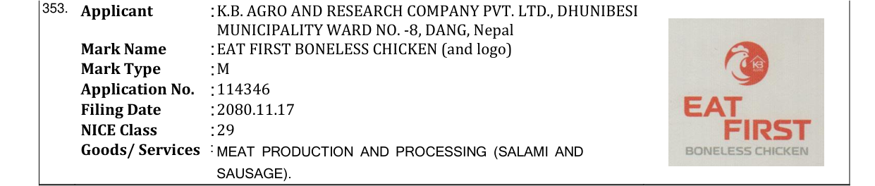Original bulletin entry for EAT FIRST BONELESS CHICKEN (and logo)