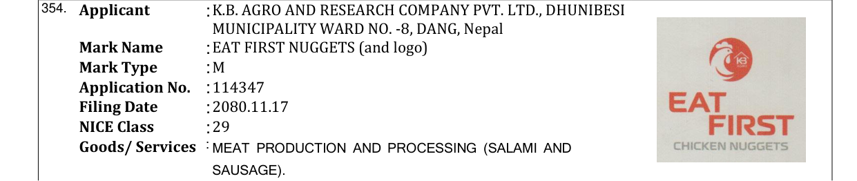 Original bulletin entry for EAT FIRST NUGGETS (and logo)